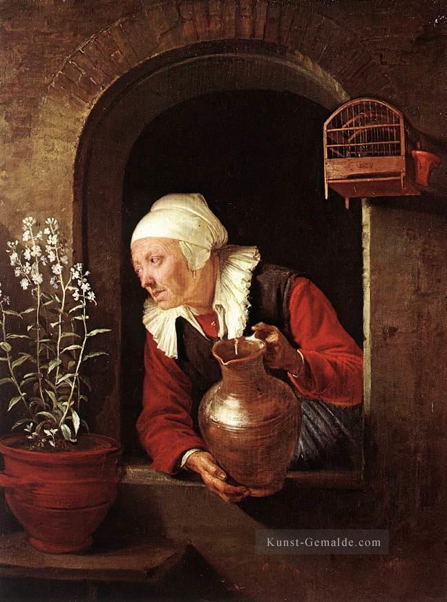 Alte Frau Bewässerung Blumen Goldenes Zeitalter Gerrit Dou Ölgemälde